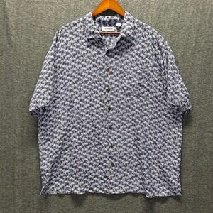 Caribbean‎ Mens 2XB Blue White Palm Tree Print Short Sleeve Button Down Shirt